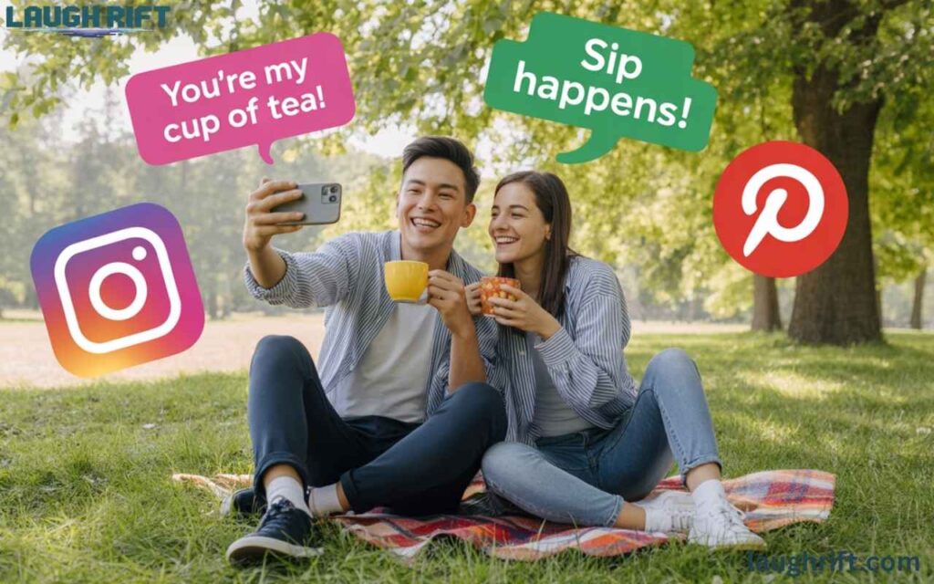 Couple enjoying tea in a park taking a selfie with social media icons around, sharing fun tea puns.