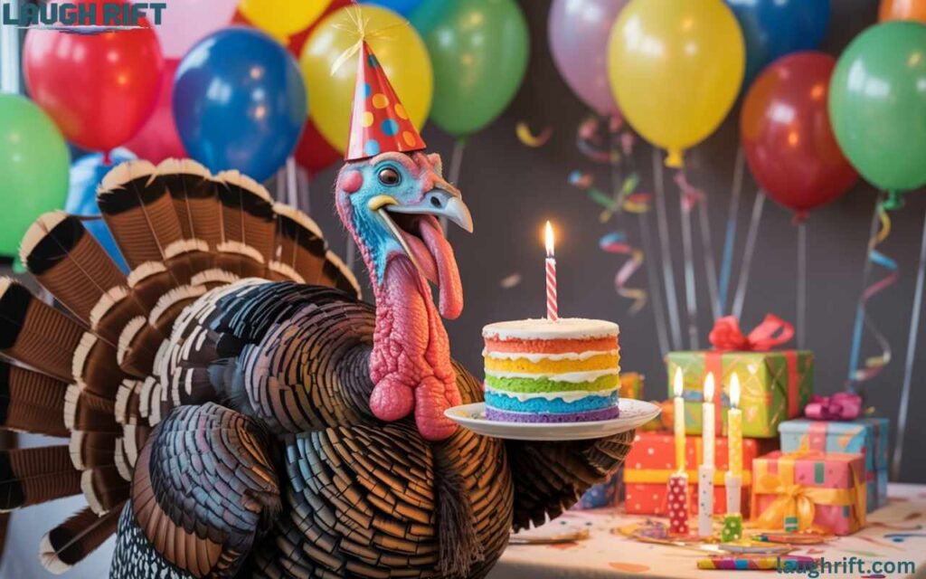 Cartoon turkey at a birthday party with a hat balloons gifts and a small cake on the table.