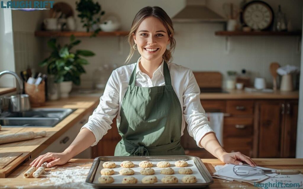 Woman baking cookies with playful puns in a bright kitchen.