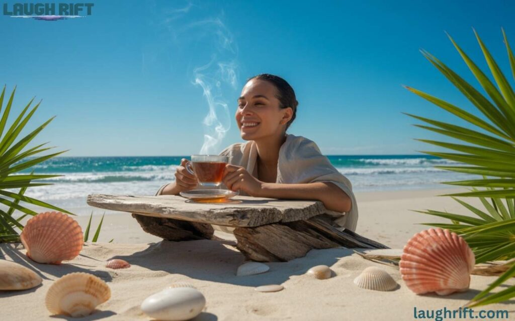 Steaming cup of brew on a beach with waves, tropical leaves, and a smiling person.