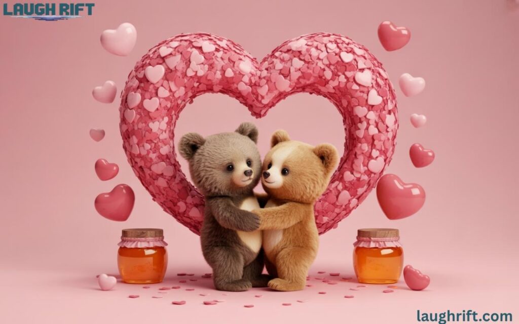 male and female bears hugging under heart tree for romantic bear puns illustration.