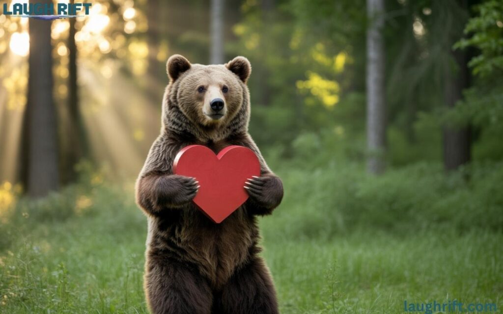 realistic brown bear holding red heart in forest.
