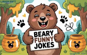 funny bear puns and jokes illustration with smiling bear holding honey pot.