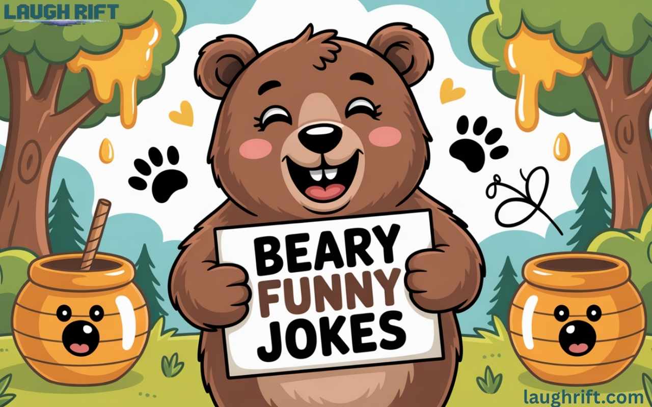funny bear puns and jokes illustration with smiling bear holding honey pot.