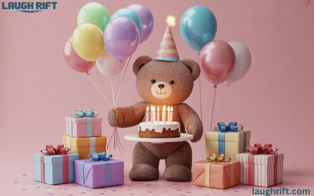 cute furry friend with cake balloons and gifts for a funny celebration.