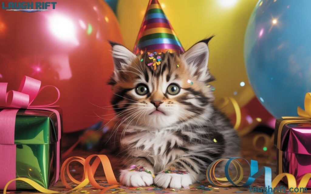 Kitten celebrating a birthday with balloons and confetti.