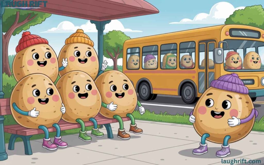 Funny spuds waiting at a bus stop with playful expressions as a bus passes on the road.
