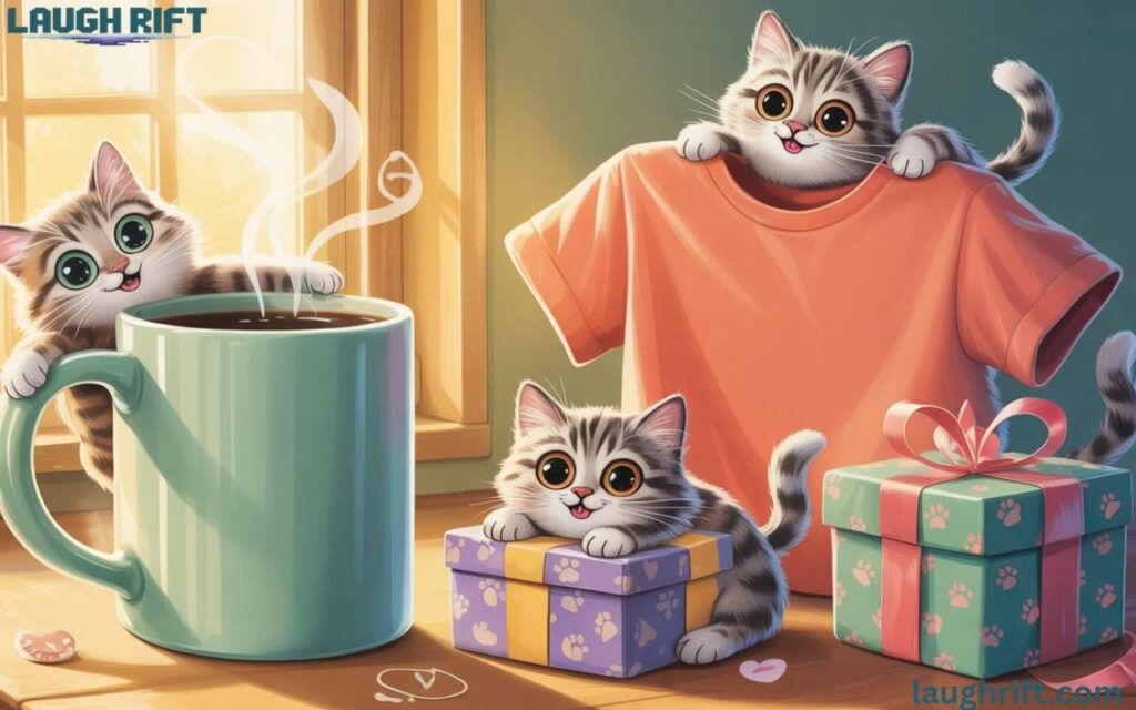 Cute cats on mugs, gifts, and T shirts for cat inspired fun.