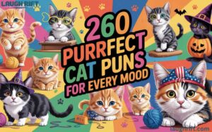 Colourful collage of cute, funny, office, Halloween, and patriotic cats with text Purrfect Cat Puns for Every Mood.
