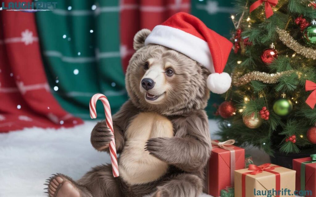festive bear in santa hat with christmas tree and gifts for christmas humor.