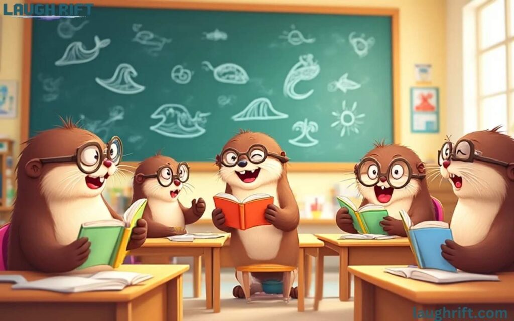Cute classroom of cartoon river creatures laughing together.