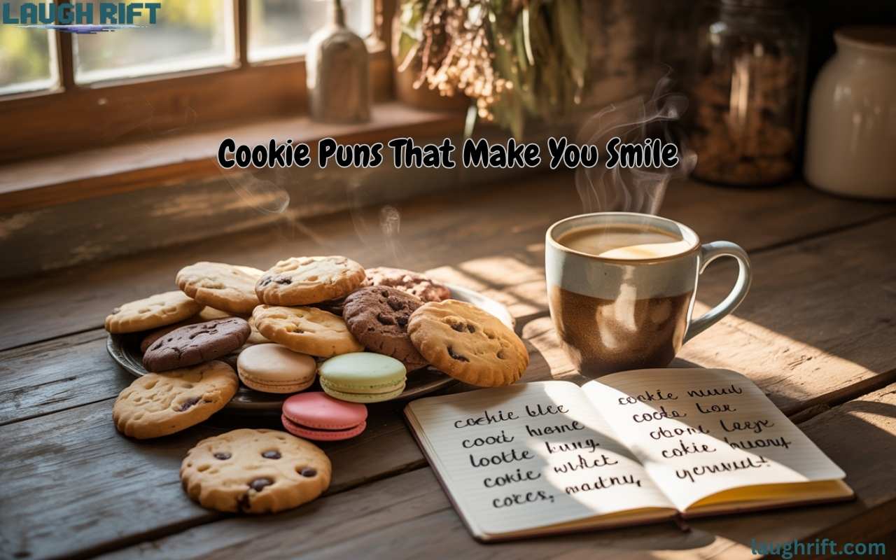 Playful cookies and coffee with handwritten puns in a cozy kitchen.
