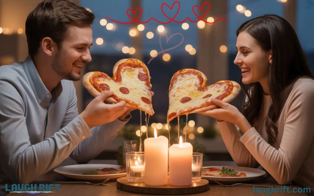 Couple enjoying heart shaped slices on a romantic date.