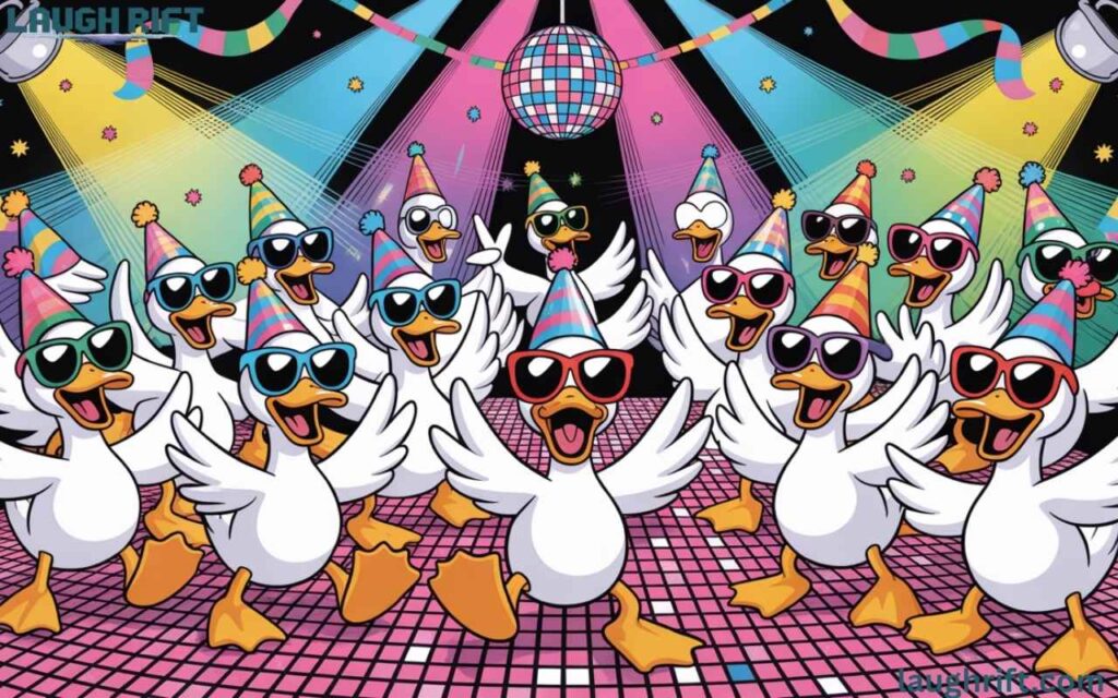 Funny duck dance party with ducks shaking tail feathers under disco lights.