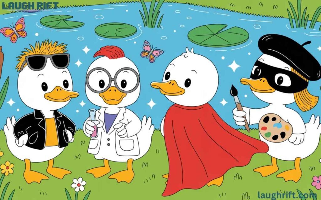 Illustrated duck writing puns by the pond, showing creativity and humor for making your own duck jokes.