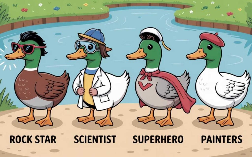 Cartoon ducks dressed as famous characters like a singer, scientist, and hero by a sunny pond for funny duck names section.