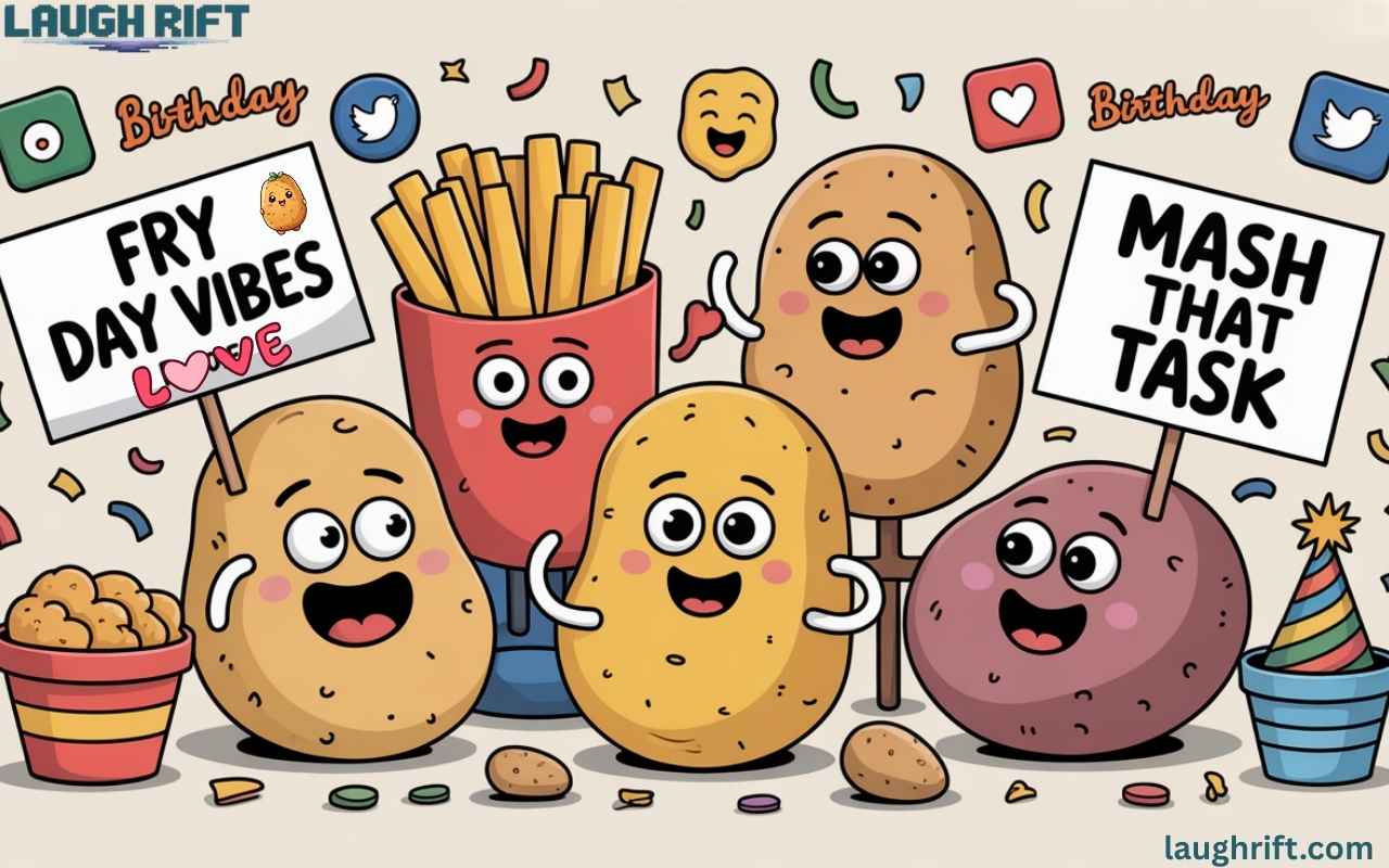Funny potato puns illustration with social media, party, and work themes, showing playful potatoes holding pun signs.