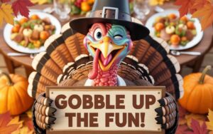 Cartoon turkey celebrating Thanksgiving with autumn leaves, pumpkins, and a festive dinner table.