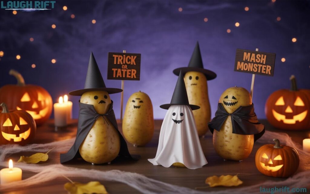 Halloween potato puns illustration with spooky costumed potatoes and pun signs for a fun, festive vibe.