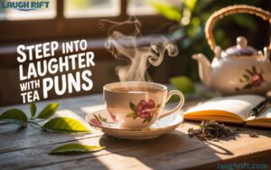 Steaming cup of tea with teapot and notebook on wooden table, warm and cozy scene.