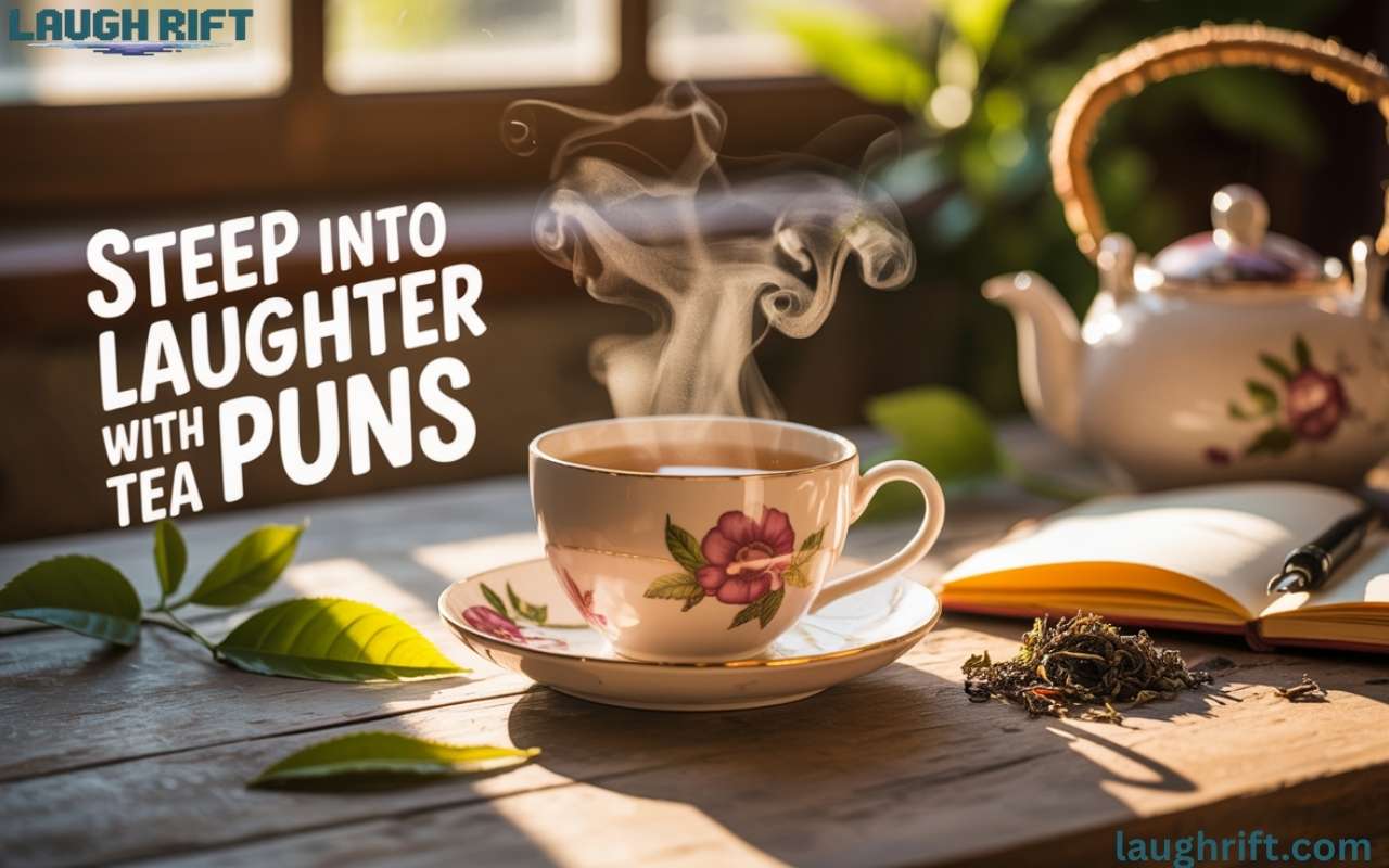 Steaming cup of tea with teapot and notebook on wooden table, warm and cozy scene.
