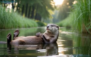 Happy otter floating in river with natural background.