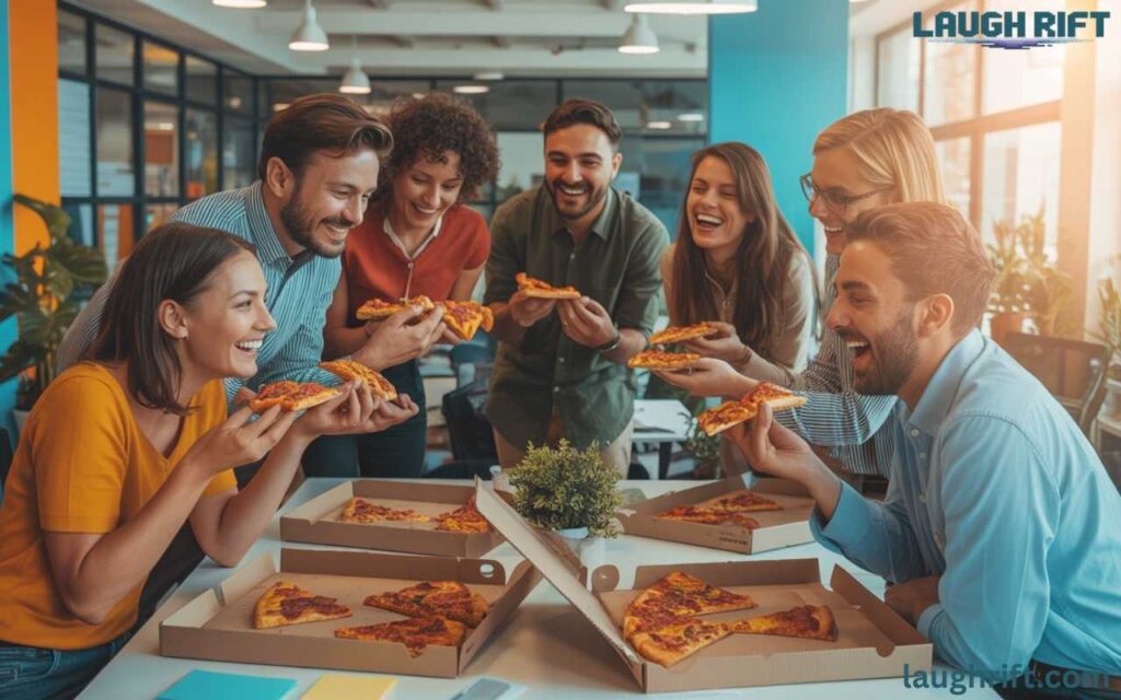 Office colleagues enjoying cheesy slices at work.