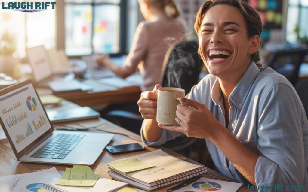 Smiling employee with a steaming cup of brew at an office desk.