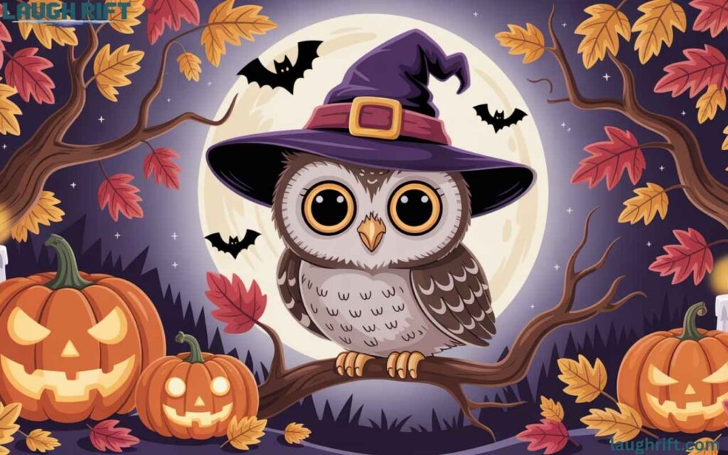 Owl in witch hat with pumpkins and autumn leaves.