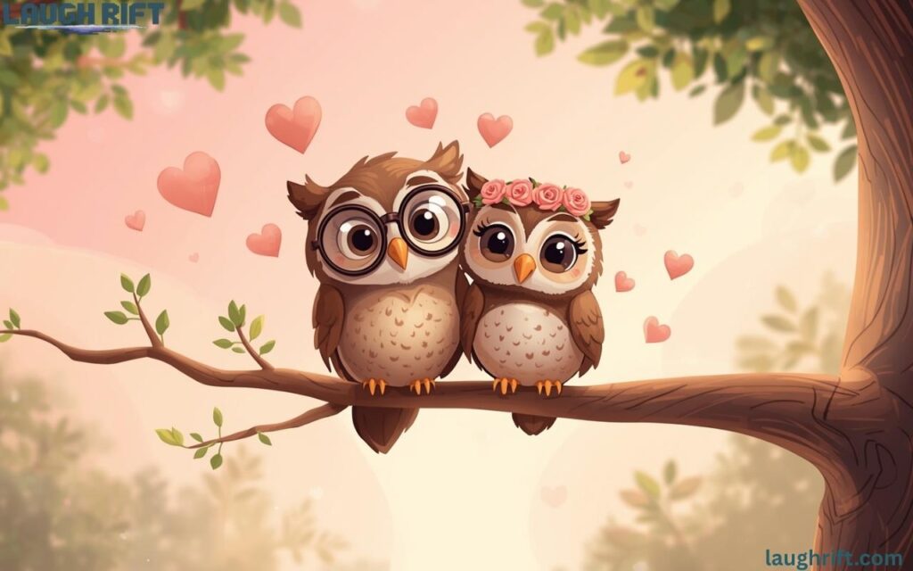 Male and female owls with heart signs.