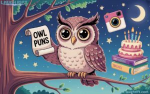 Cute owl on a tree branch at night holding a scroll with owl puns, surrounded by Instagram, birthday, and school icons.