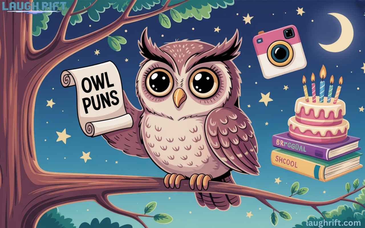 Cute owl on a tree branch at night holding a scroll with owl puns, surrounded by Instagram, birthday, and school icons.