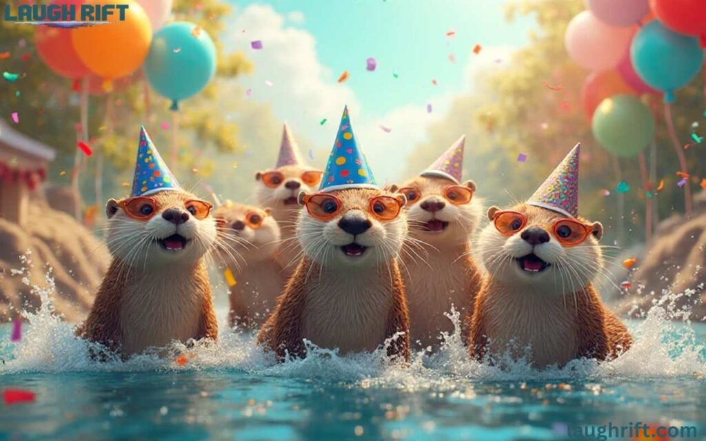 Playful river creatures celebrating with confetti and balloons.