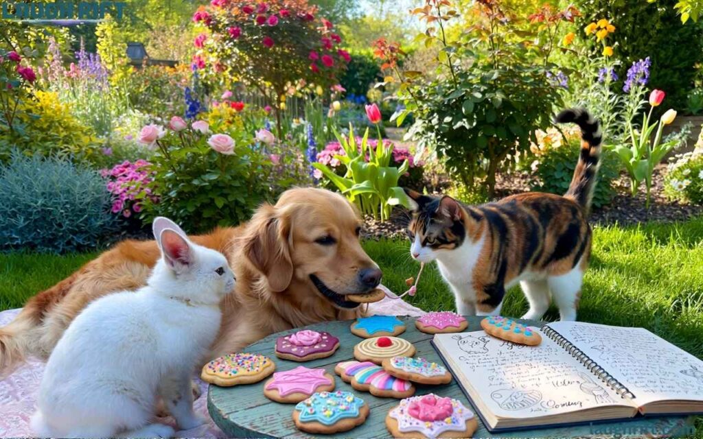 Pets enjoying cookies with playful cookie puns in a natural setting.