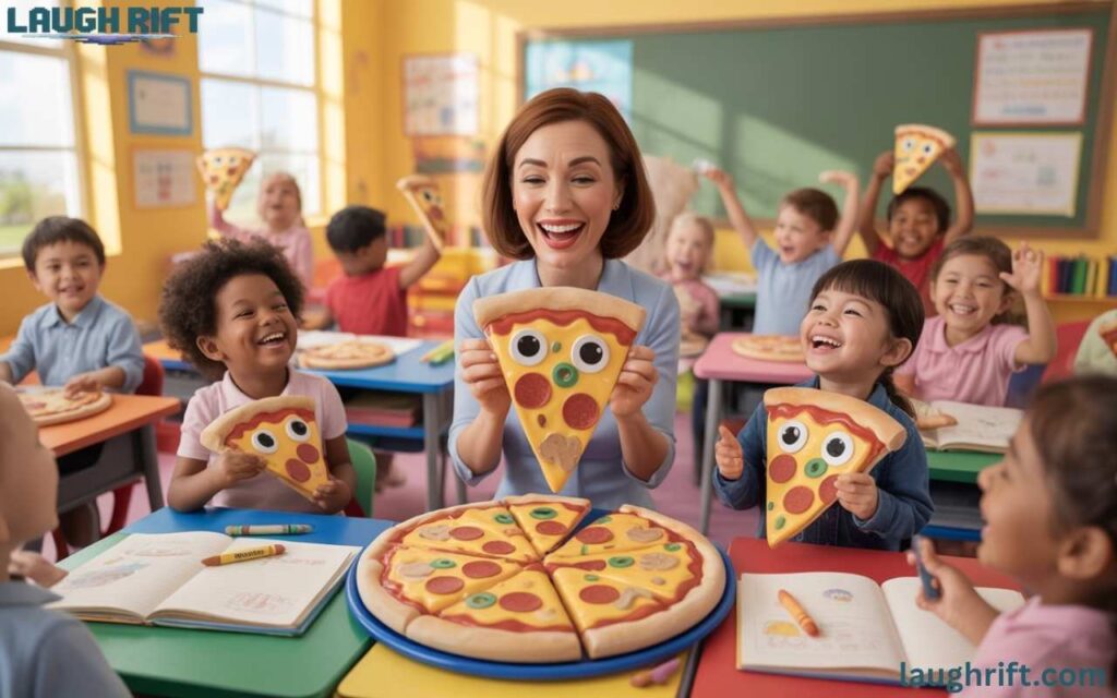 Happy classroom scene with teachers and students enjoying playful pizza moments with smiling slices on desks.
