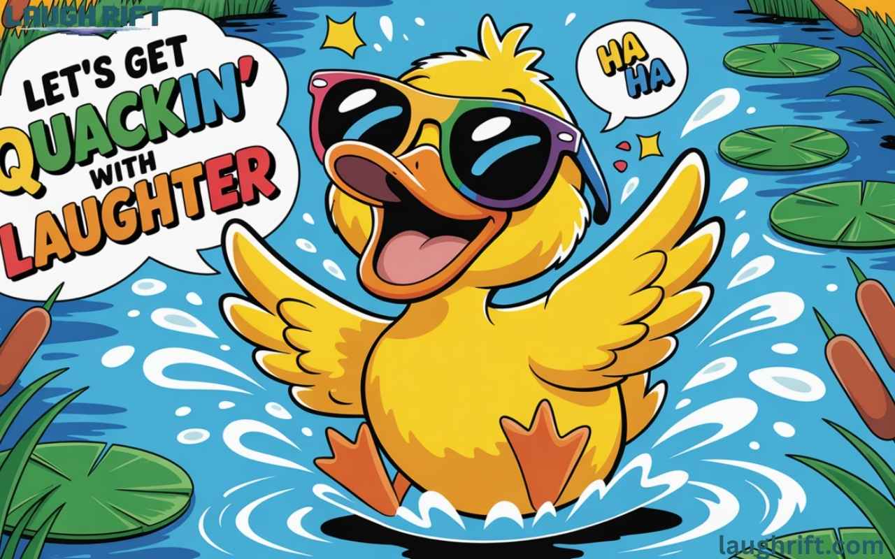 laughing cartoon duck with sunglasses near pond surrounded by joke bubbles and splashing water.