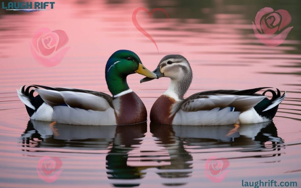 Romantic ducks floating together in heart shape on a sunset pond with soft reflections.