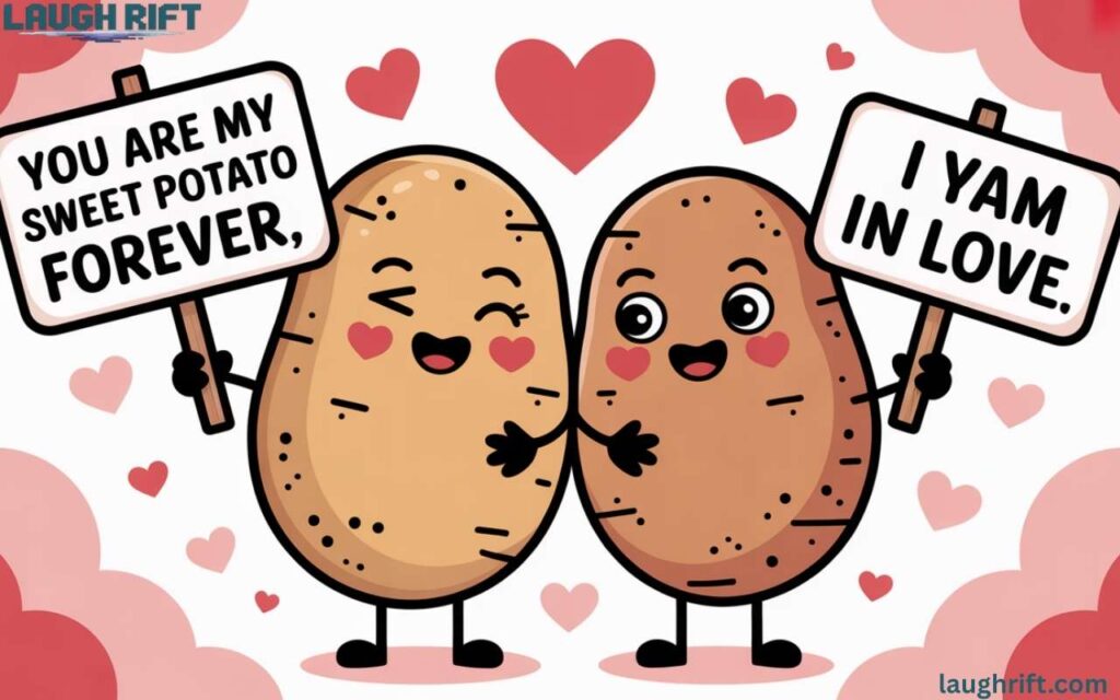 Romantic spud jokes illustration with hearts and charming tubers for social media and cute captions.