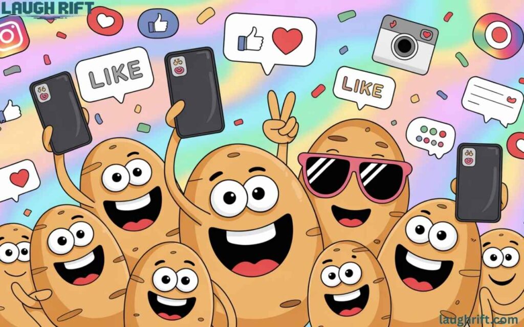 Playful potato puns with taters taking selfies and social media icons.