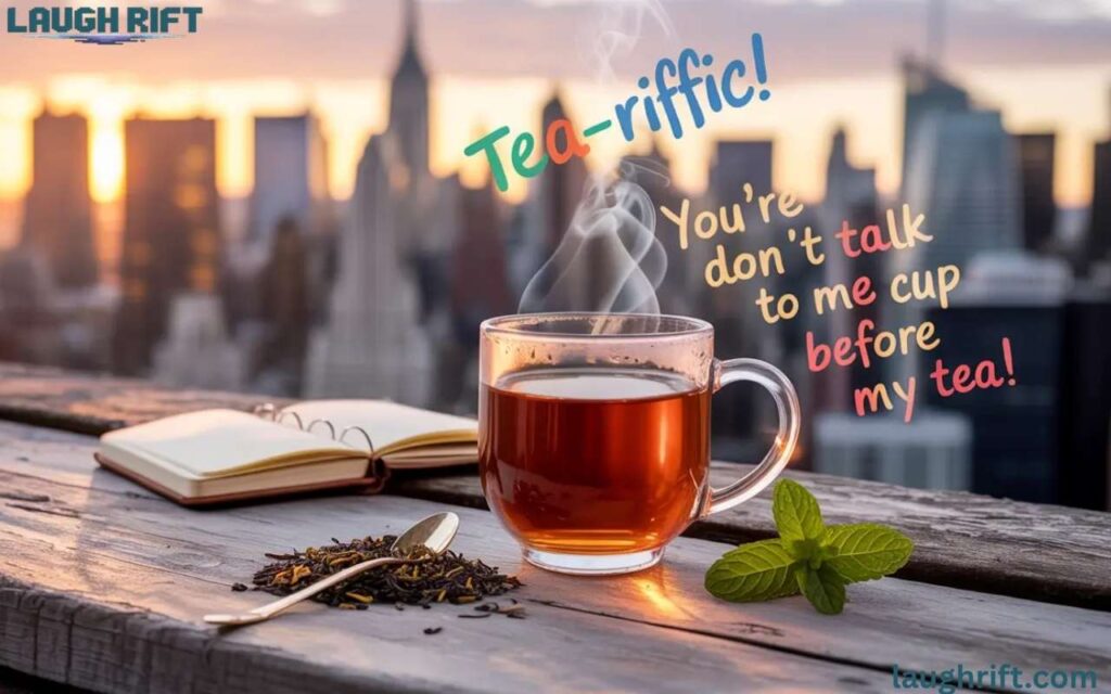 Fun tea puns with a cup of tea on a New York rooftop at sunrise.
