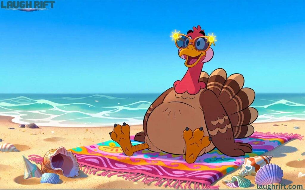 Funny beach bird with sunglasses relaxing on warm sand beside calm waves.