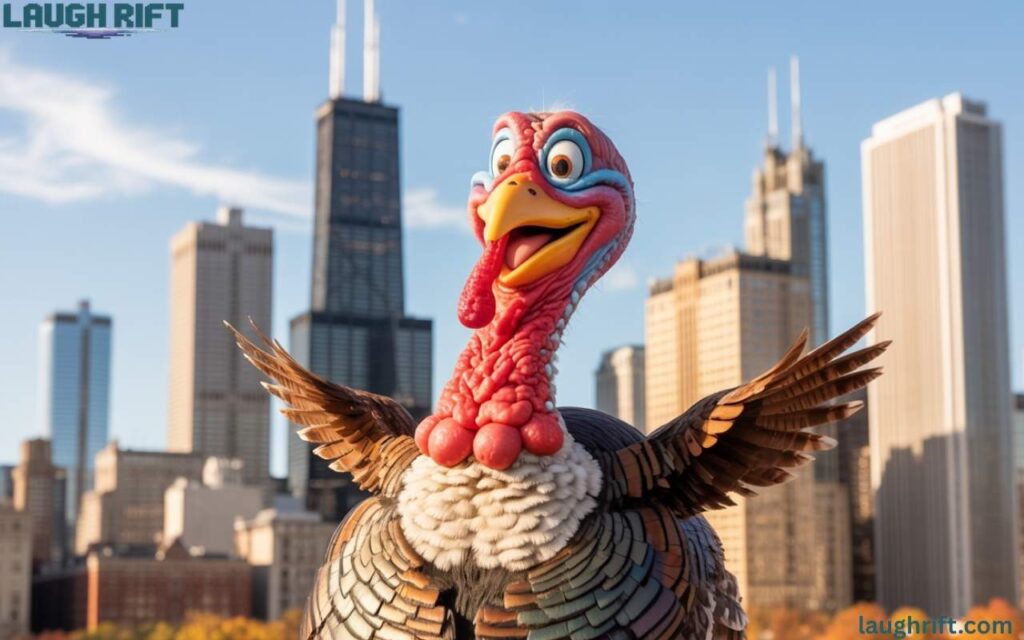 A cheerful city bird posing in front of the Chicago skyline with tall buildings and a gentle city breeze.