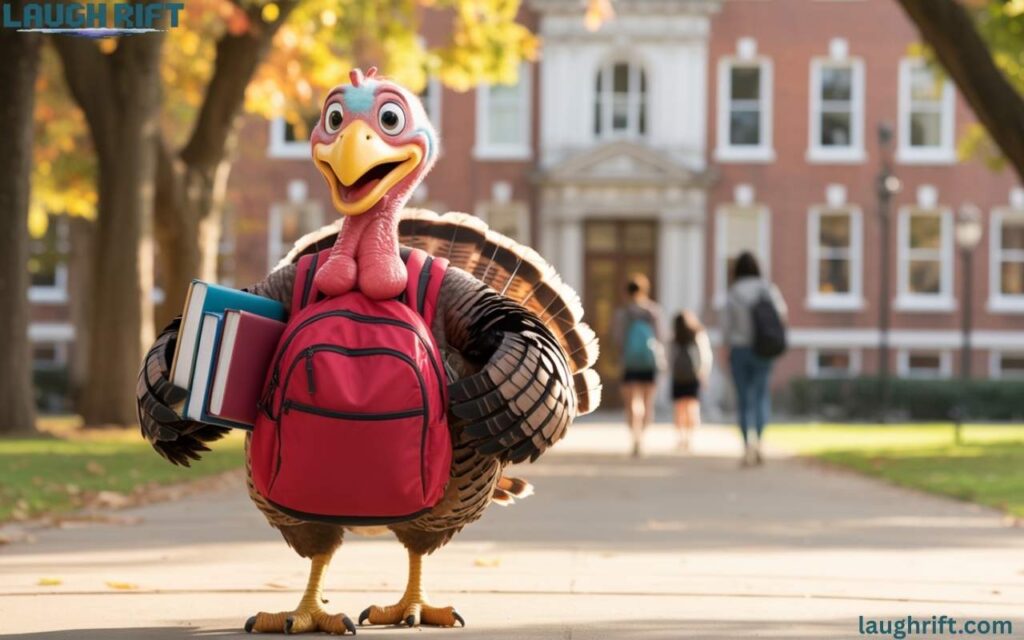 Cartoon turkey with a backpack standing on a college campus with books and a campus building.