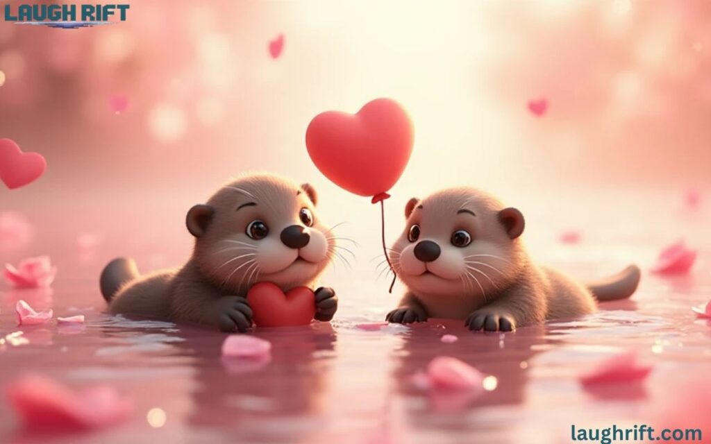 Valentine otters floating with rose petals and heart balloon for otter puns.