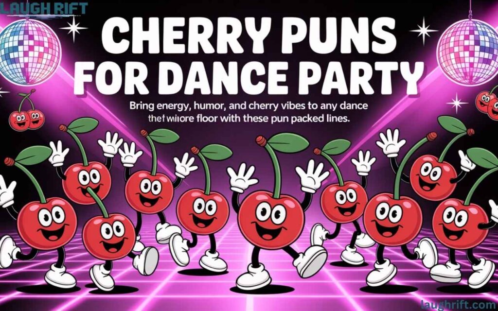 Red fruits dancing with music notes and colorful lights.