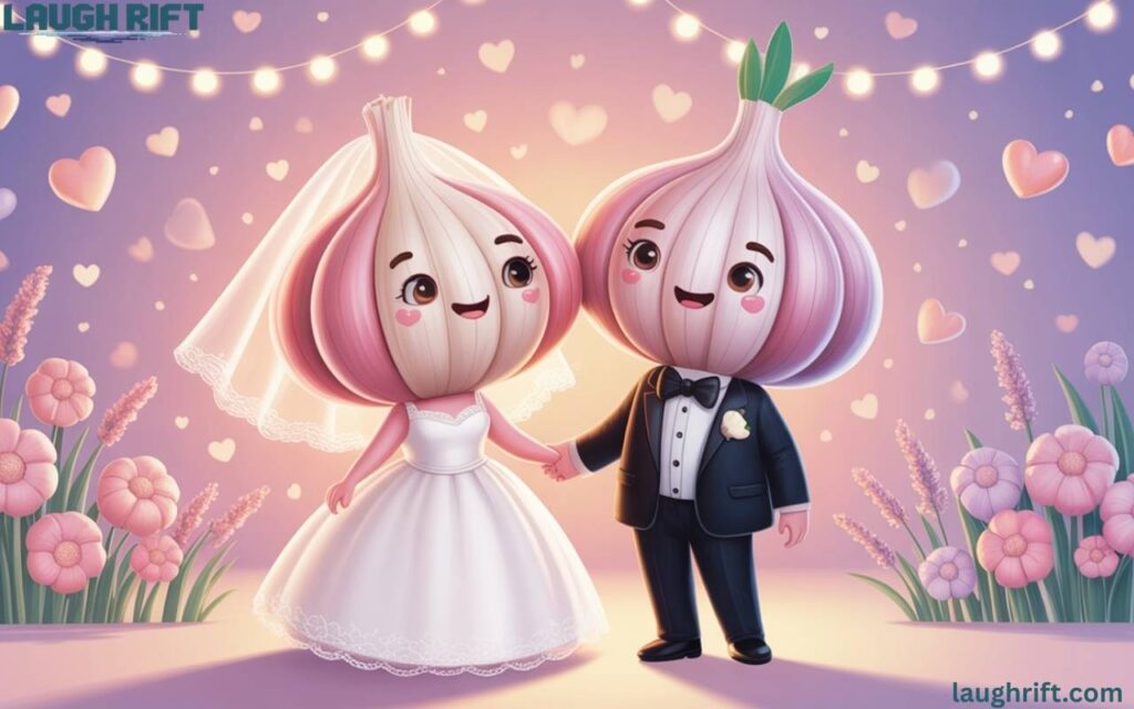 Cute garlic pair sharing a romantic moment.