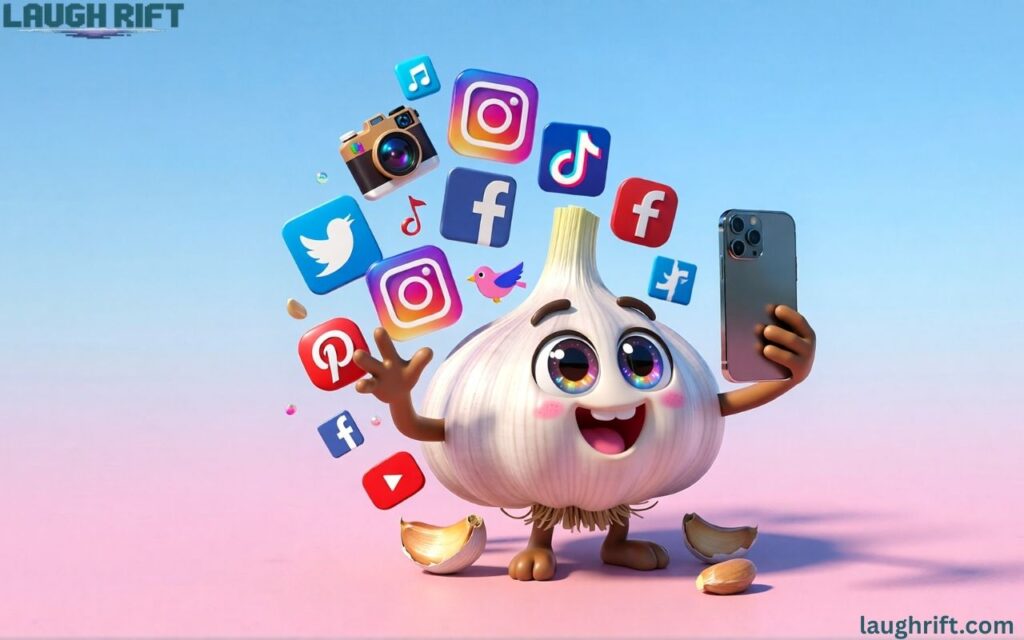 Clove character taking a selfie with social media icons.