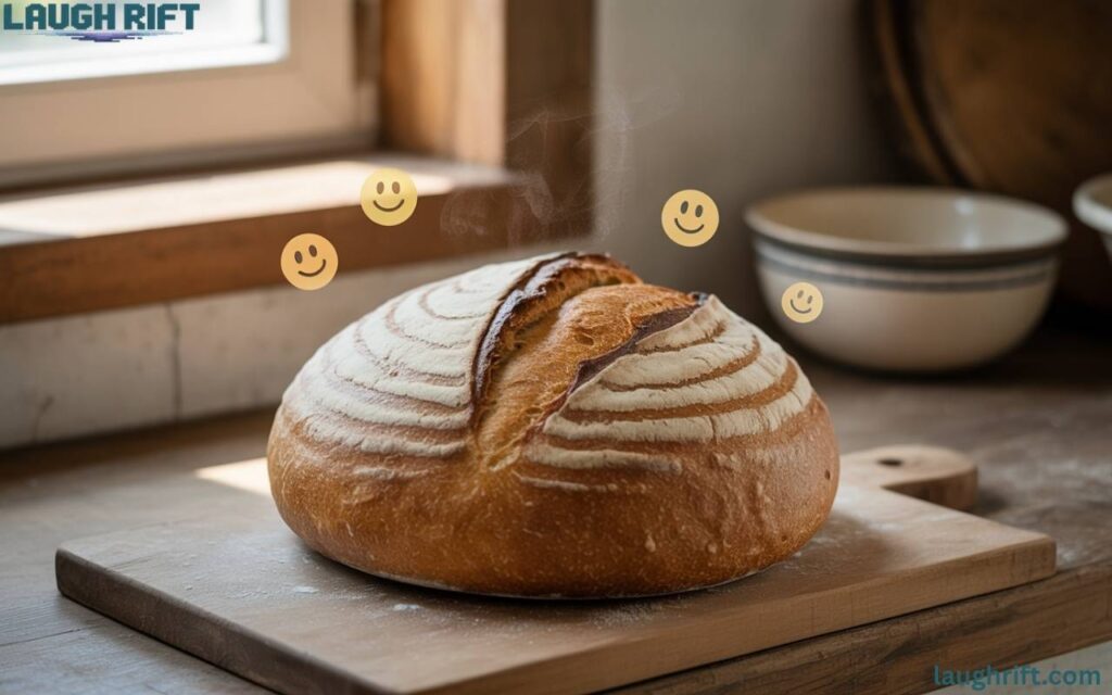 Rustic sourdough loaf on a wooden board with soft playful accents.