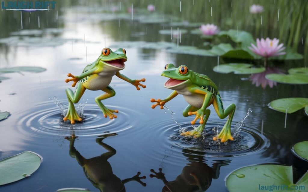 Two green amphibians enjoying rainy day splashes.