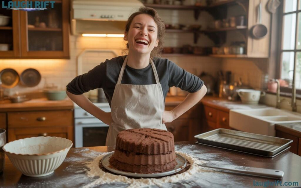 Funny baking disaster scene in kitchen.